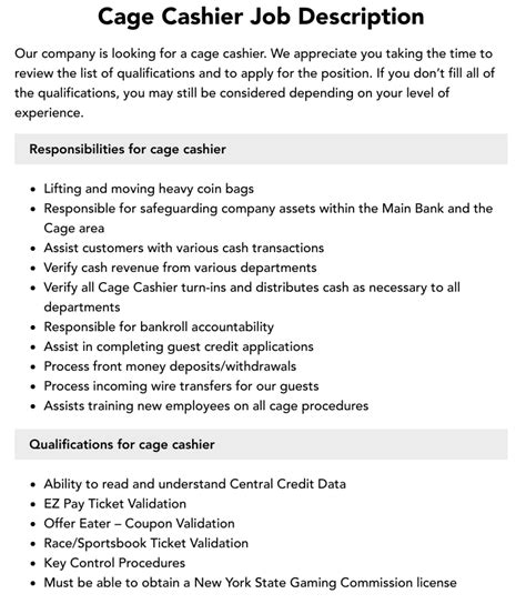 describe a typical work week for casino cage cashier - casino cage cashier jobs.